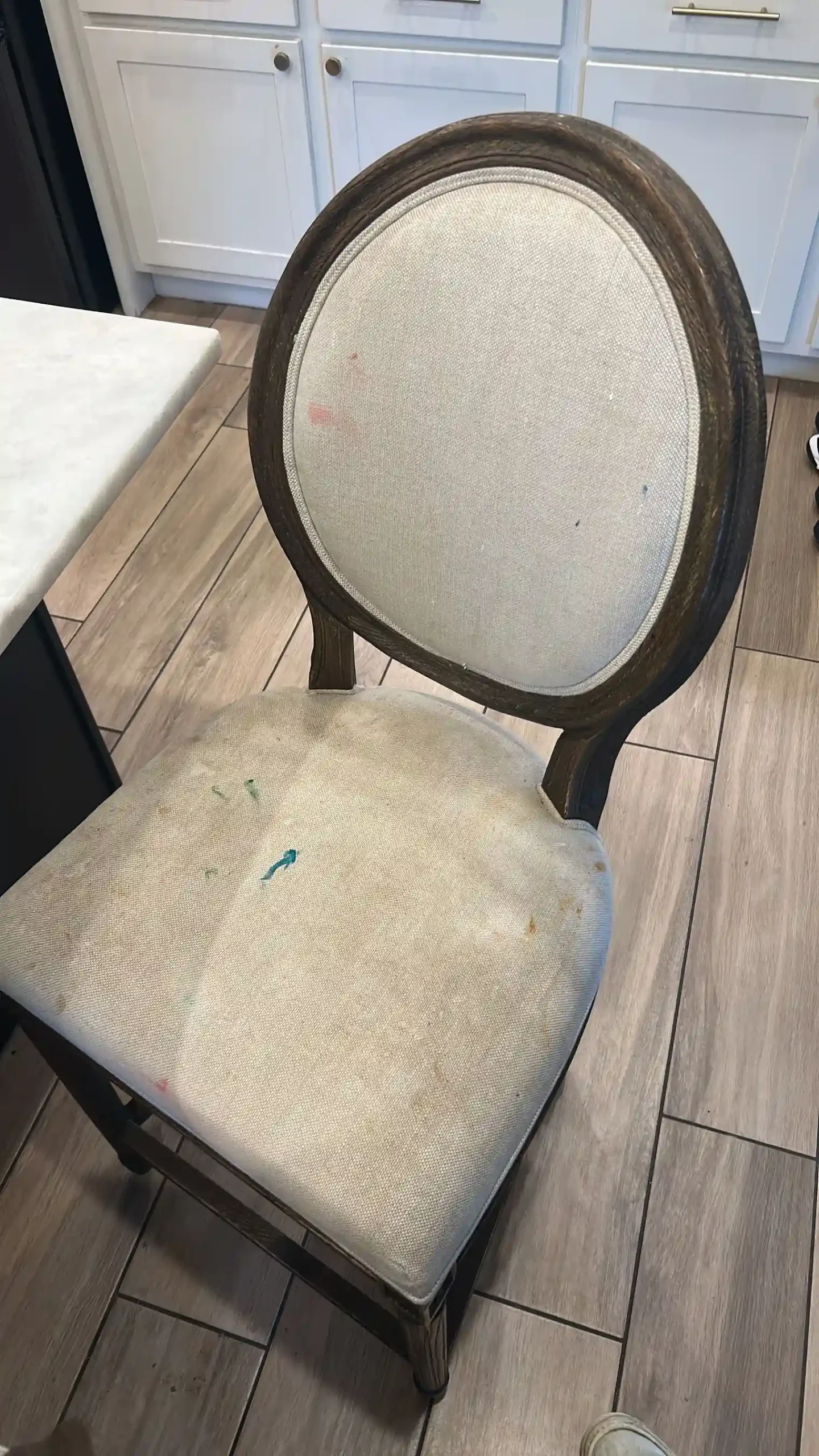Upholstery spot stain removal and deep cleaning on dining room chair cushion